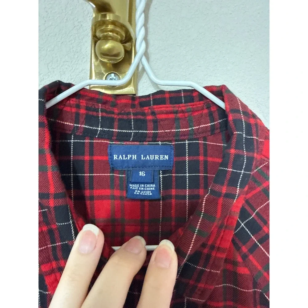Ralph Lauren Plaid Button Down Girls Size 16 Red Black Western Snap Shirt